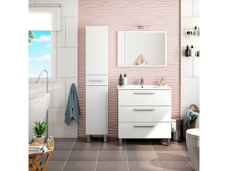 Pack baño Blanco brillo: mueble + espejo + lavabo cerámico + col. auxiliar