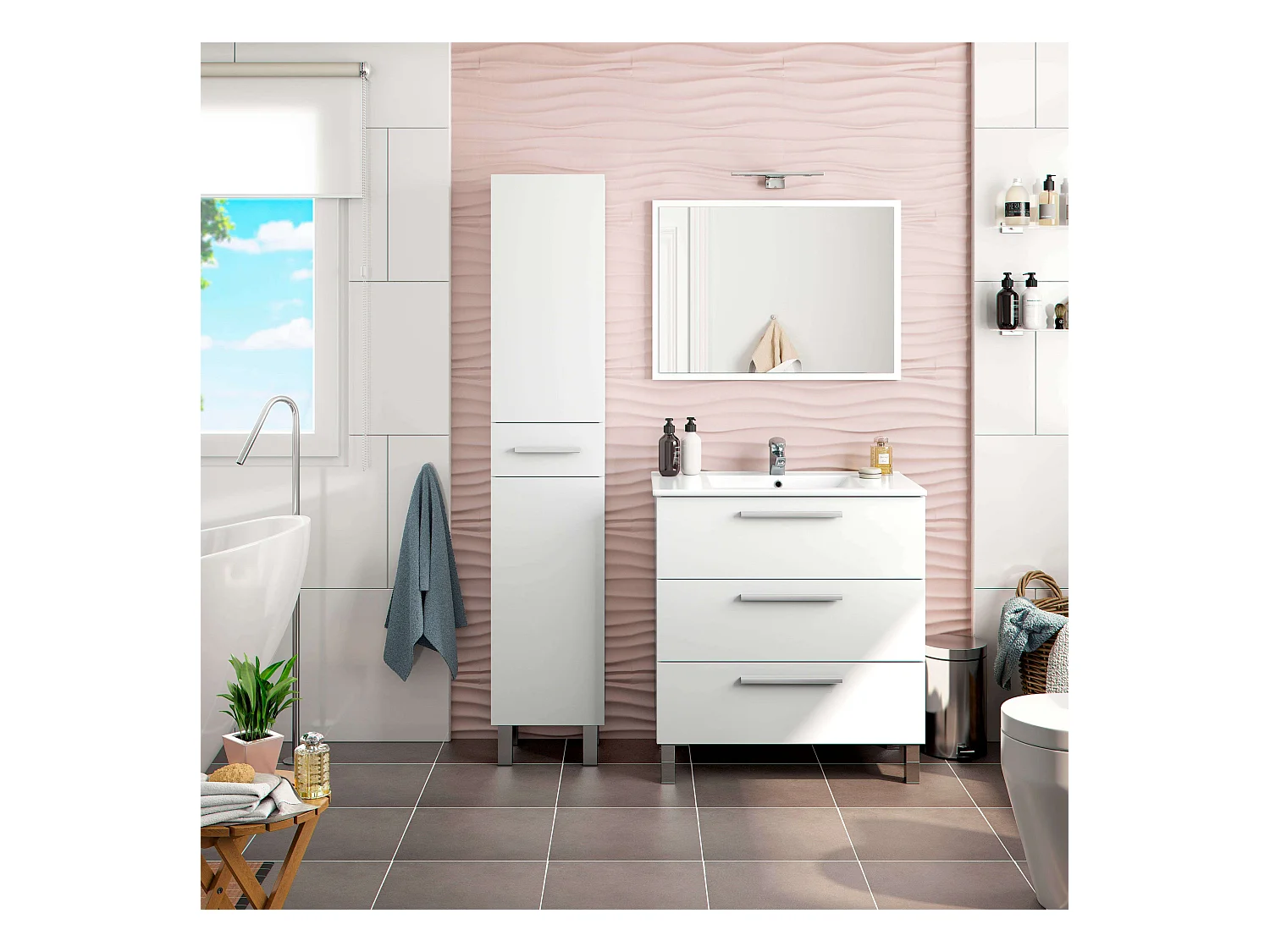 Pack baño Blanco brillo: mueble + espejo + lavabo cerámico + col. auxiliar