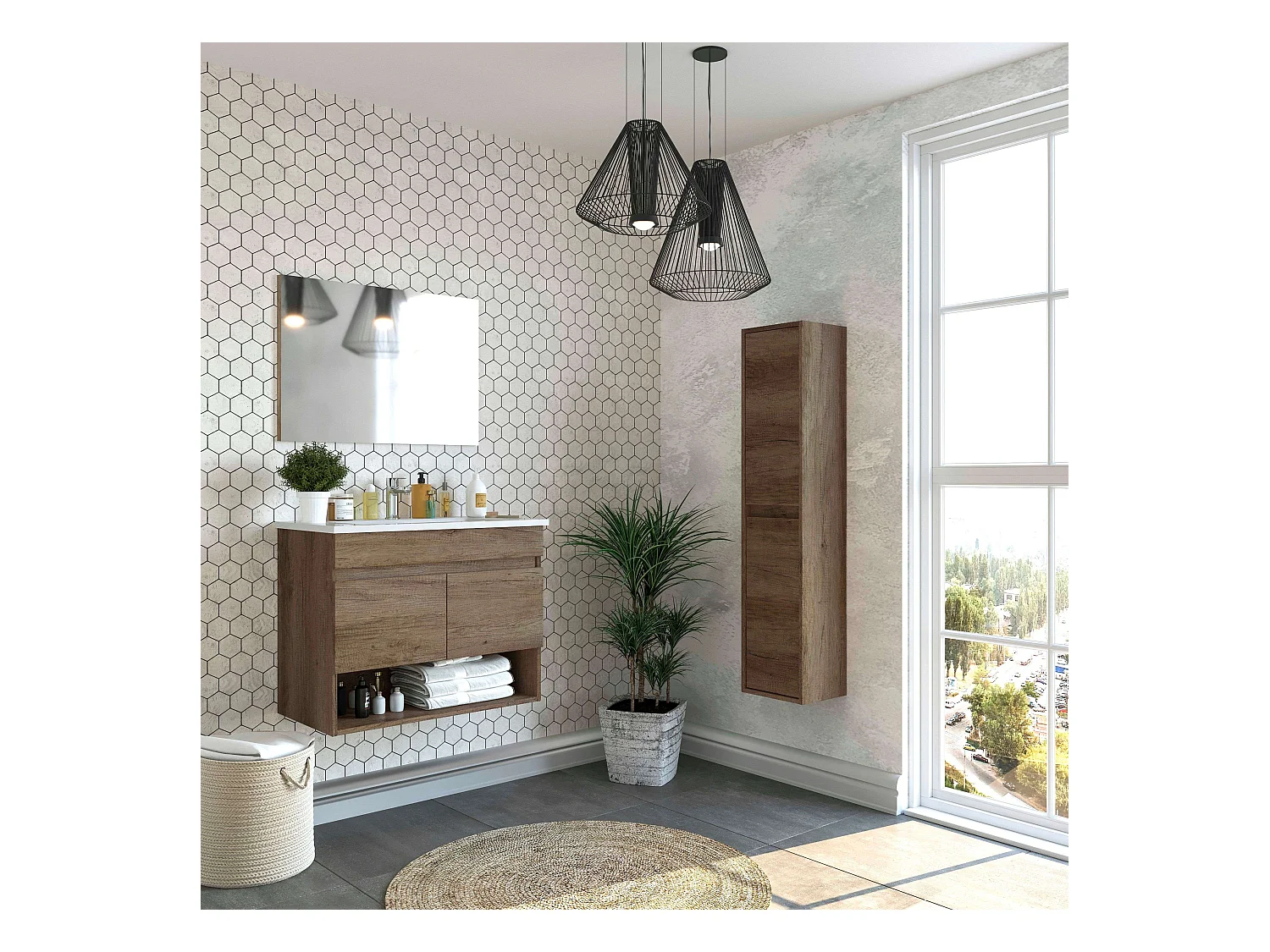 Pack Muebles Baño Roble Nordik: Mueble, Columna, Espejo, Lavabo