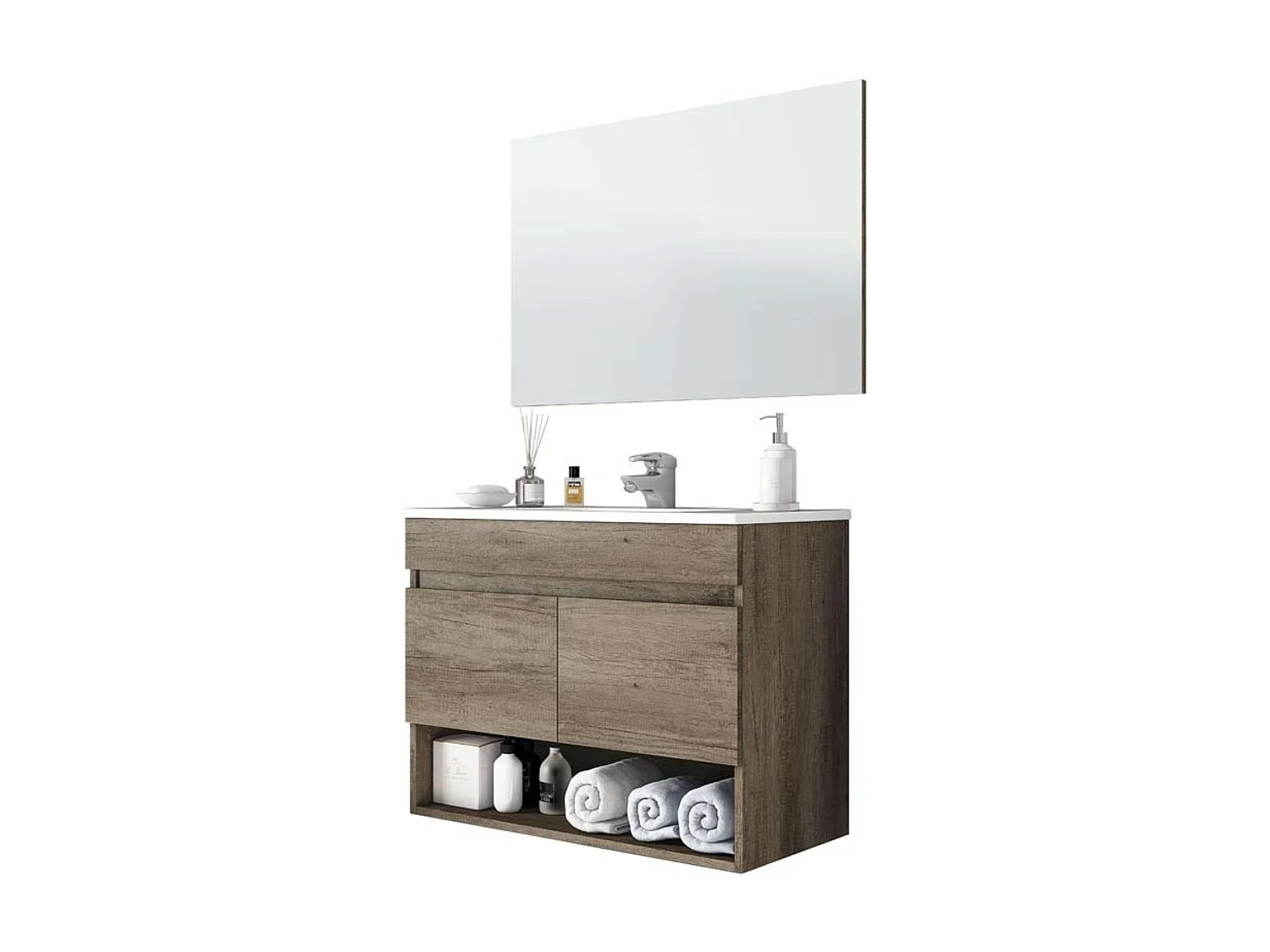 Pack Muebles Baño Roble Nordik: Mueble, Columna, Espejo, Lavabo