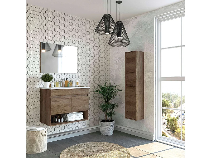 Pack Muebles Baño Roble Nordik: Mueble, Columna, Espejo, Lavabo