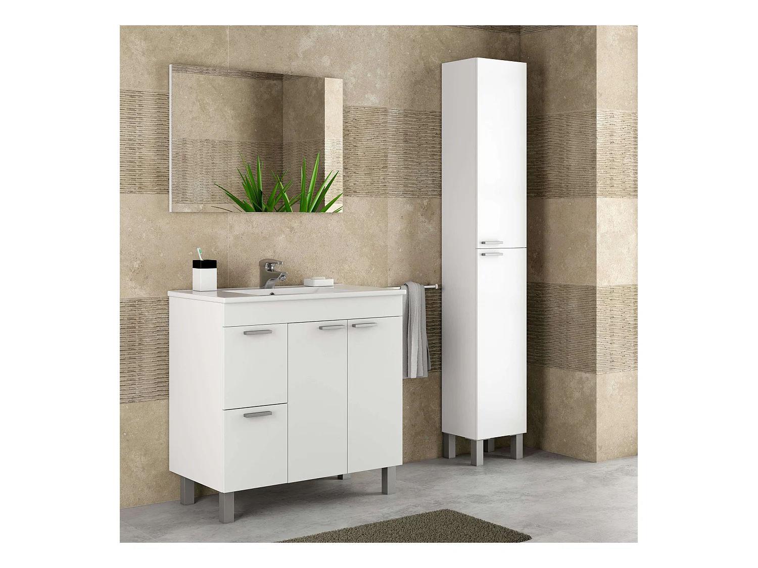 Pack Baño Mueble C/Lavamanos Cerám. y Columna Blanco Brillo