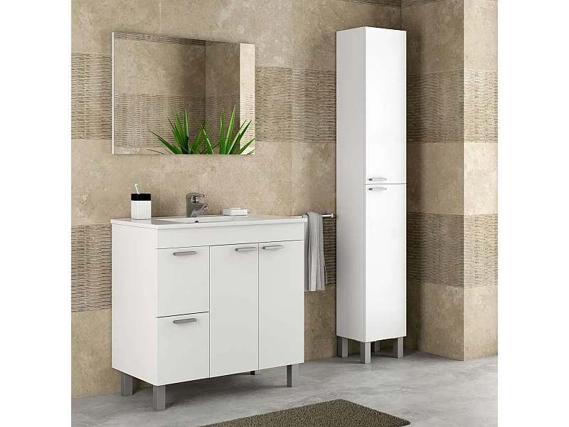 Pack Baño Mueble C/Lavamanos Cerám. y Columna Blanco Brillo