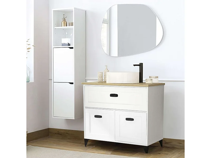 Mueble Baño Pack Blanco/Roble con Columna e Incluye Lavabo