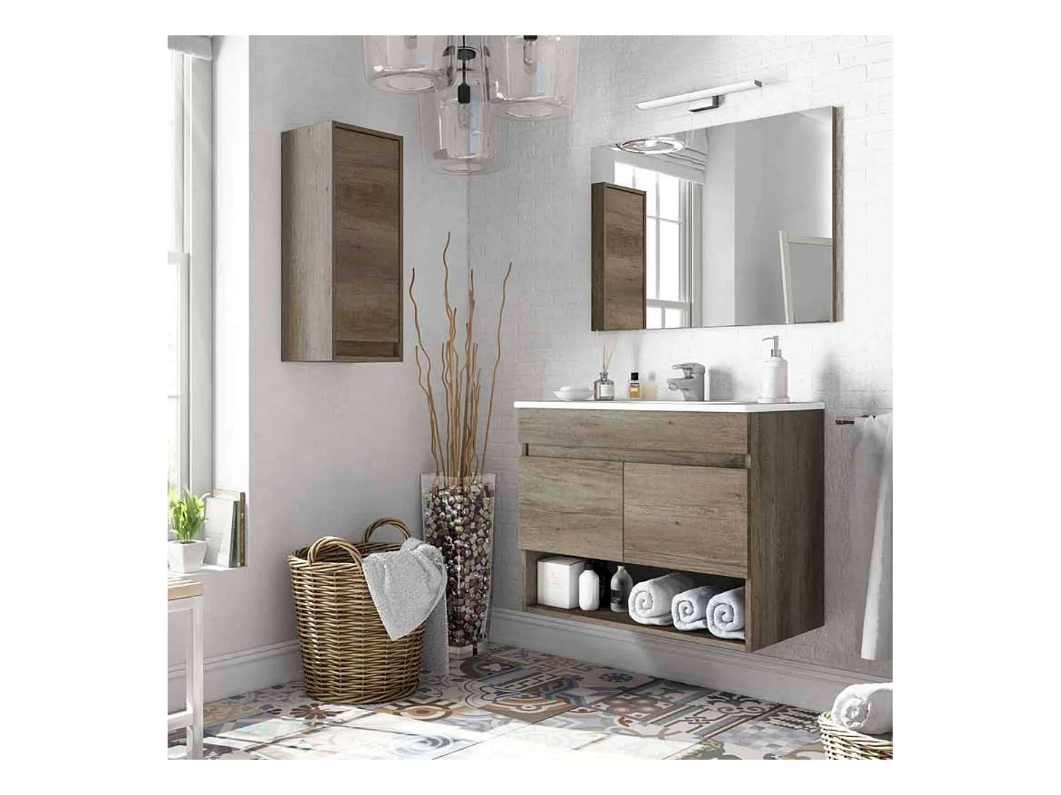 Pack Muebles Baño Roble Nordik: Mueble, Armario, Espejo, Lavabo