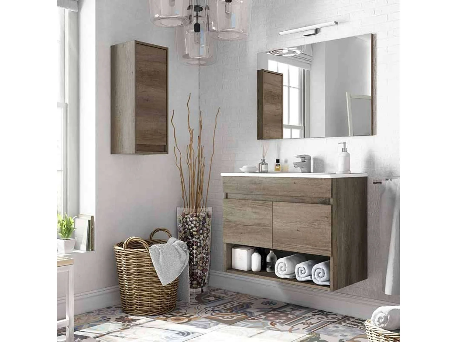 Pack Muebles Baño Roble Nordik: Mueble, Armario, Espejo, Lavabo