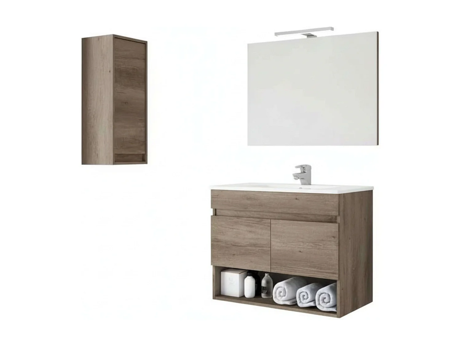 Pack Muebles Baño Roble Nordik: Mueble, Armario, Espejo, Lavabo