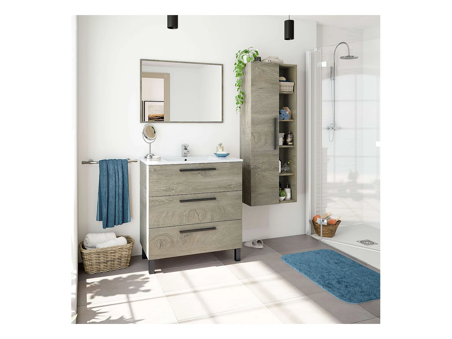Pack Baño Completo Roble Alaska (mueble+Espejo+Columna) Lavabo Incluido