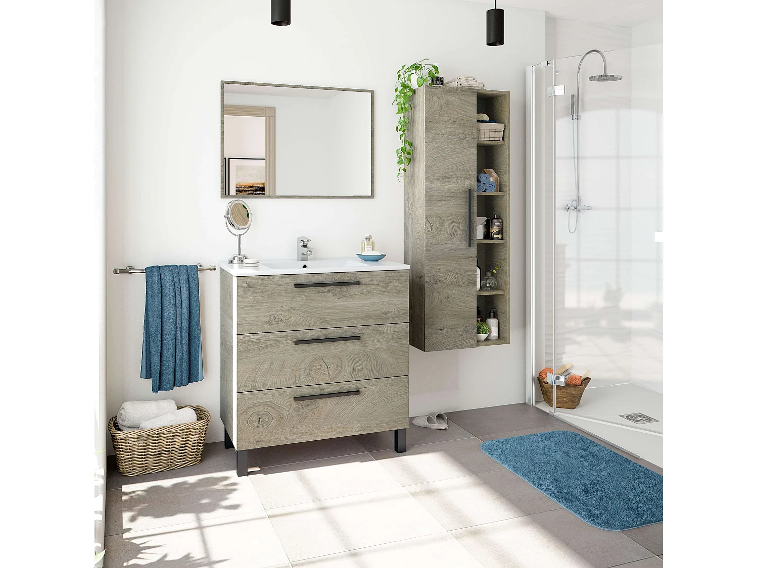 Pack Baño Completo Roble Alaska (mueble+Espejo+Columna) Lavabo Incluido