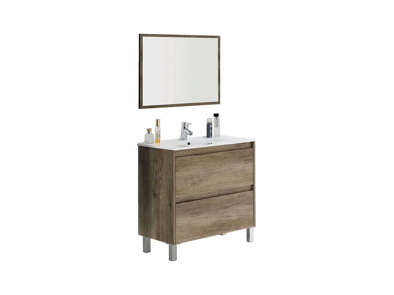 Pack Mueble Baño con Espejo y Lavamanos Cerámico, Columna Nordik