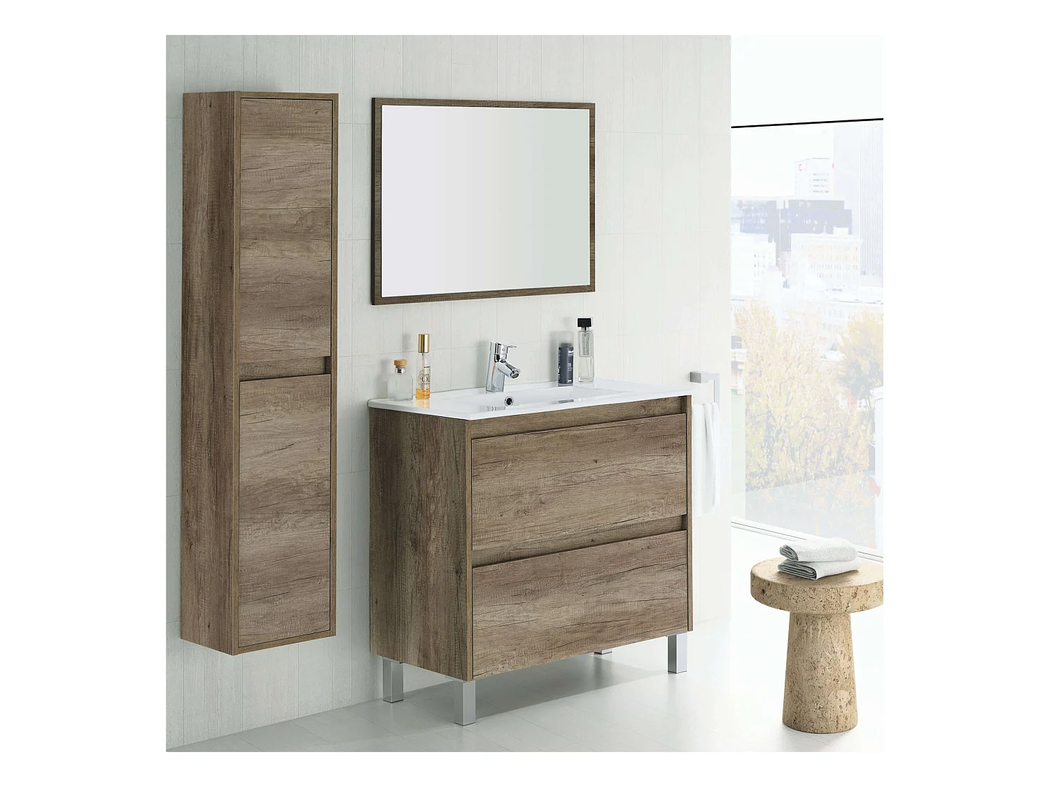 Pack Mueble Baño con Espejo y Lavamanos Cerámico, Columna Nordik