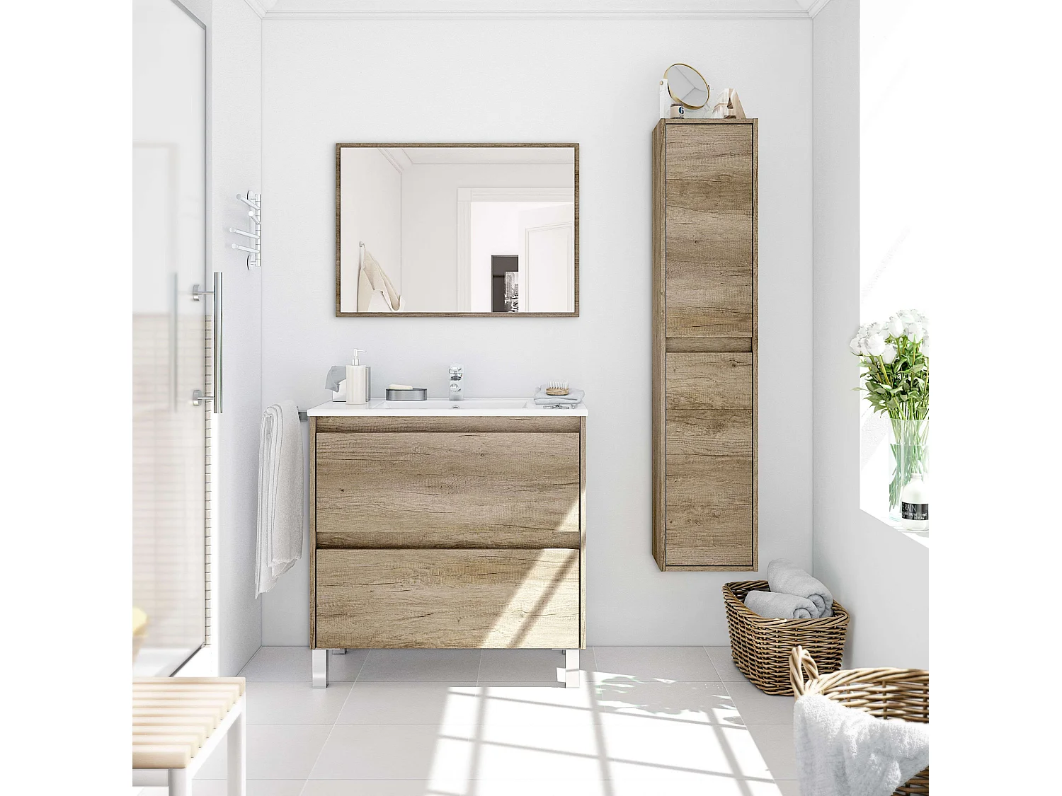 Pack Mueble Baño con Espejo y Lavamanos Cerámico, Columna Nordik
