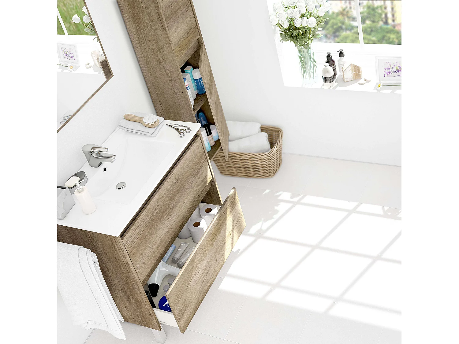 Pack Mueble Baño con Espejo y Lavamanos Cerámico, Columna Nordik