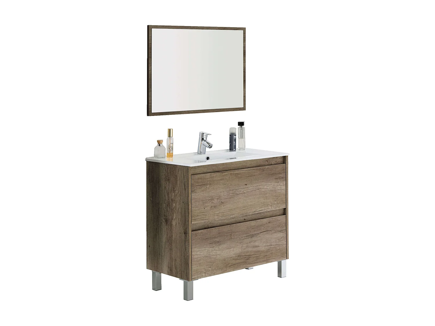 Pack Mueble Baño con Espejo y Lavamanos Cerámico, Columna Nordik