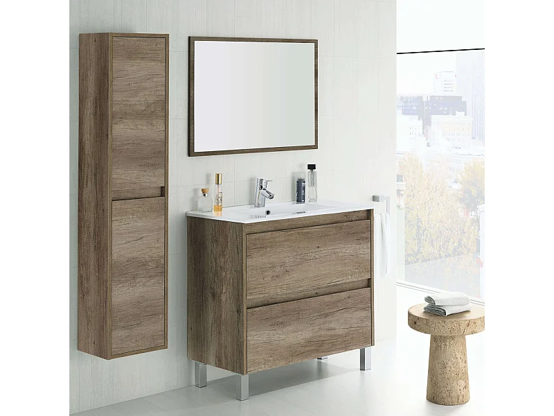 Pack Mueble Baño con Espejo y Lavamanos Cerámico, Columna Nordik