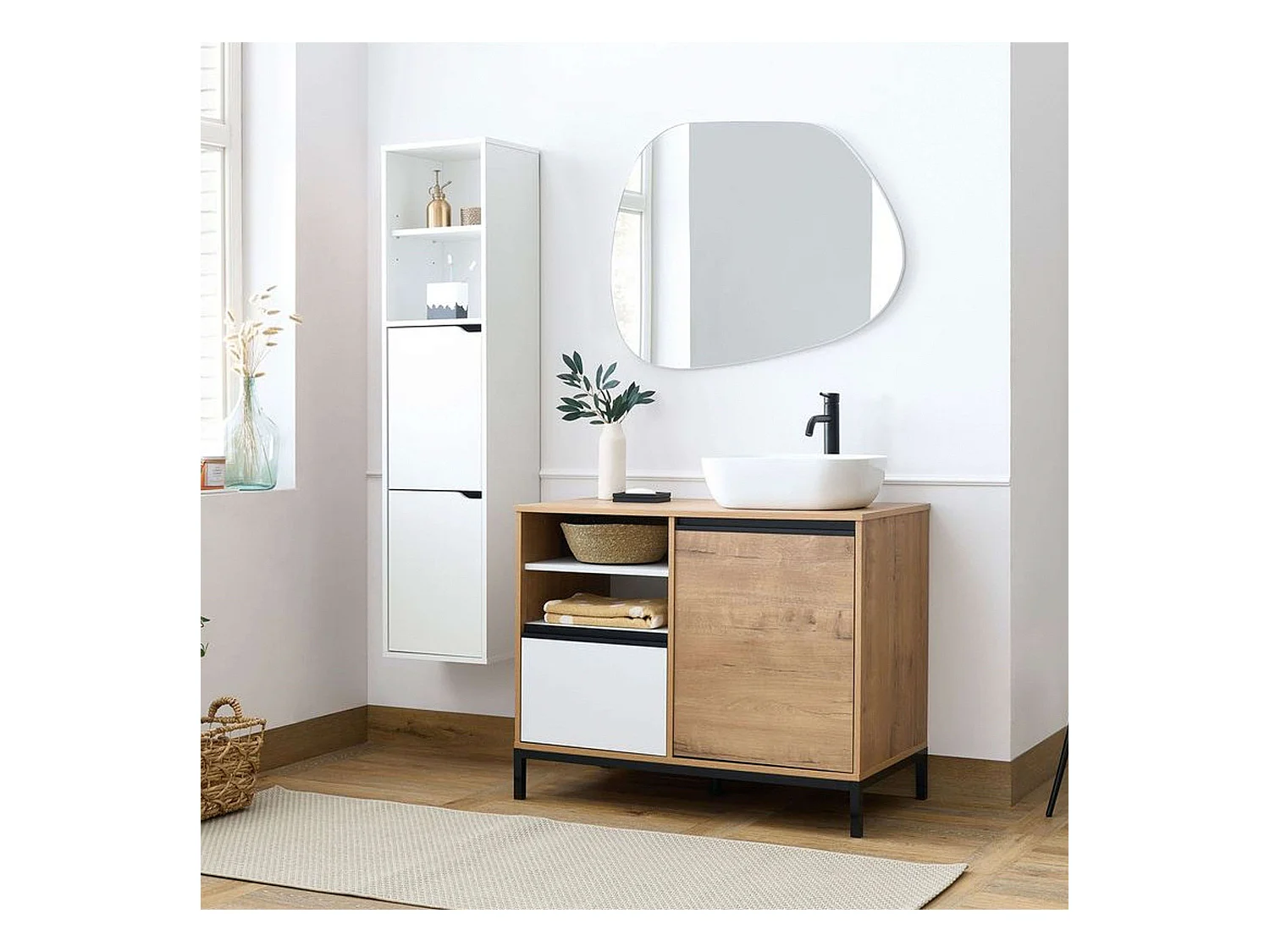 Pack Muebles Baño Támesis Roble Gold/Blanco con Lavabo Cerámico