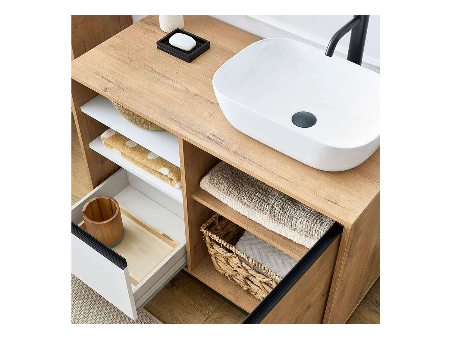 Pack Muebles Baño Támesis Roble Gold/Blanco con Lavabo Cerámico