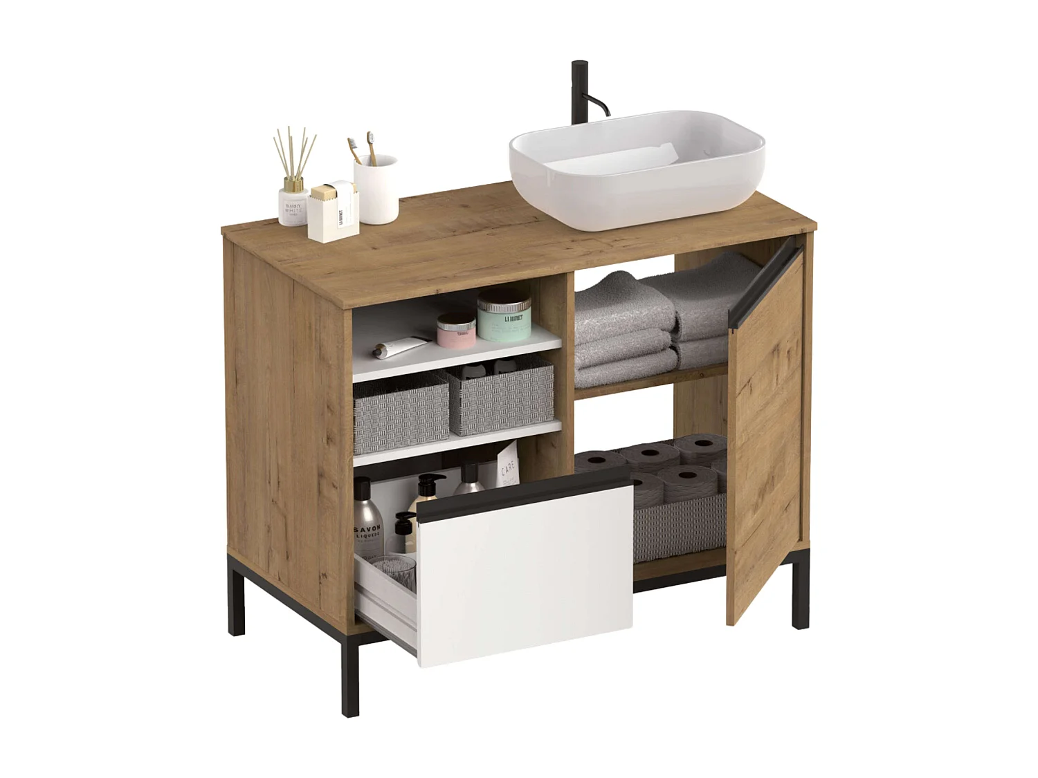 Pack Muebles Baño Támesis Roble Gold/Blanco con Lavabo Cerámico