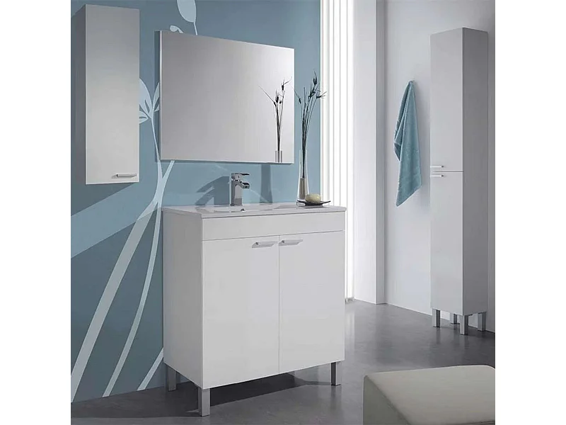 Pack Muebles Baño Blanco Brillo (Mueble+Espejo+Armario+Columna+Lavamanos)