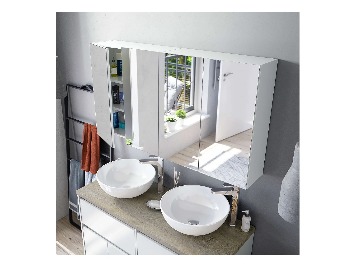 Pack 2 armarios baño espejo 3 puertas blanco brillo 100x65x21 cm