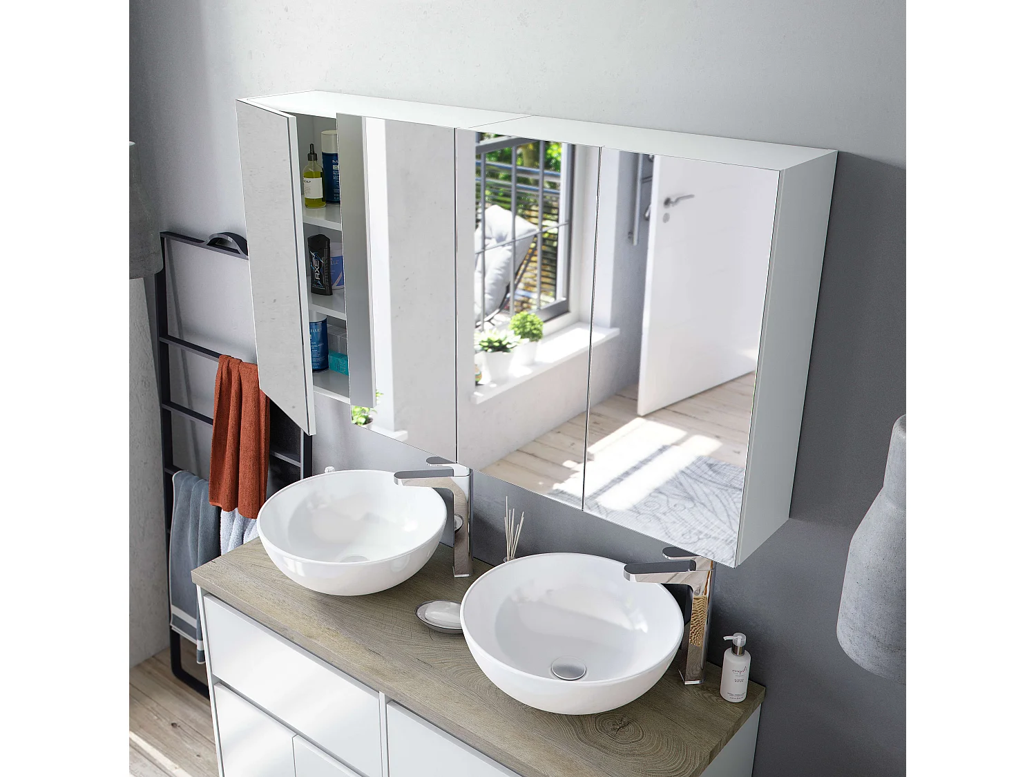 Pack 2 armarios baño espejo 3 puertas blanco brillo 100x65x21 cm