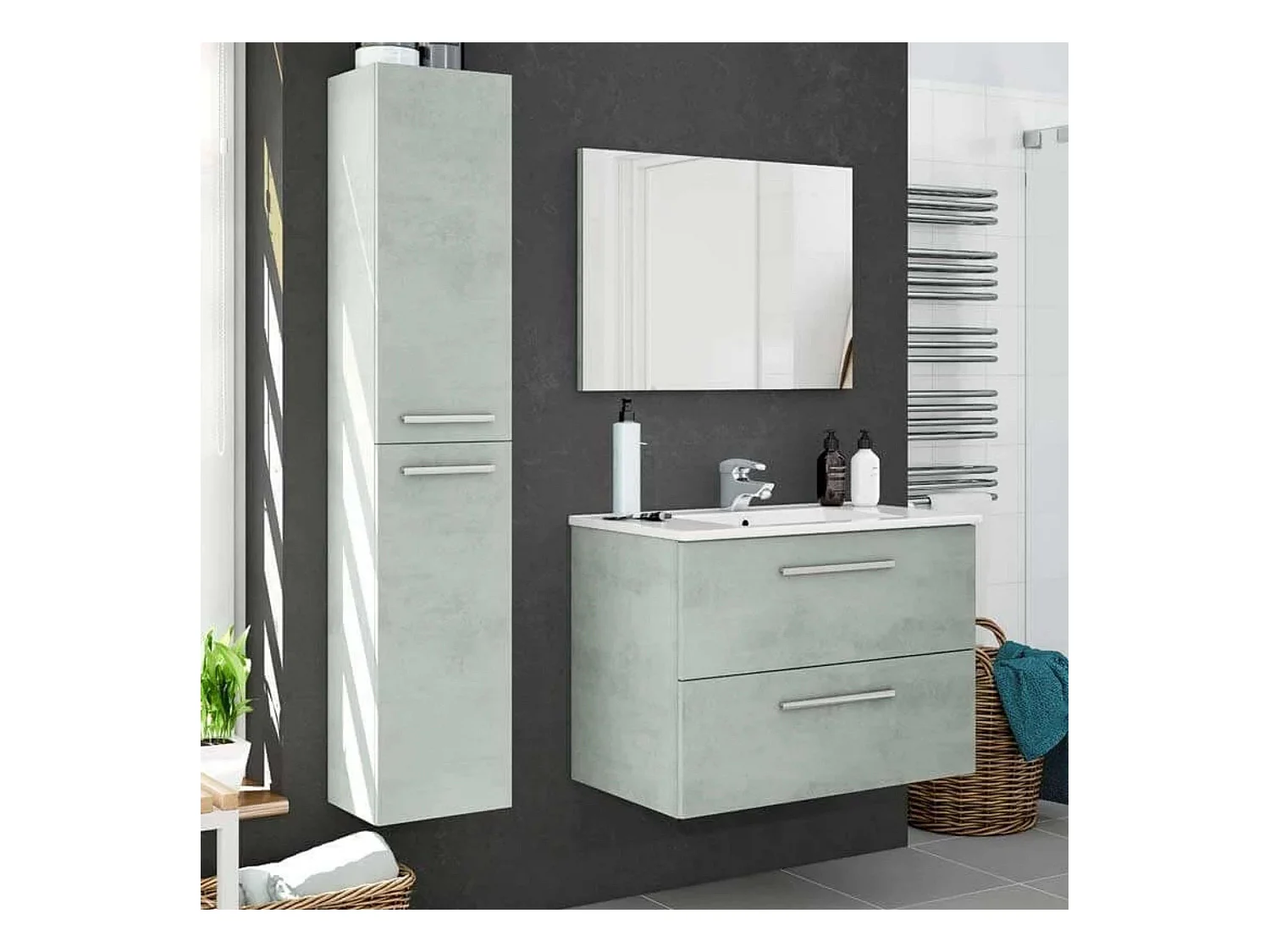 Pack Muebles Baño Aruba Estilo Industrial Cemento Mueble, Espejo, Lavamanos