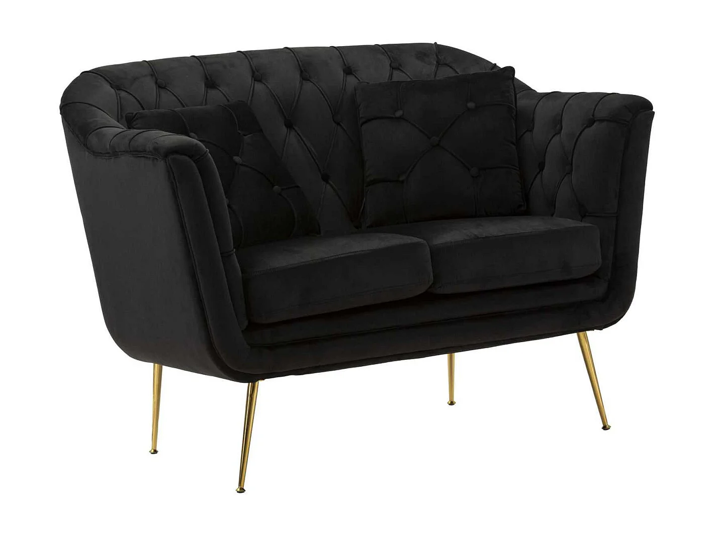 Zwarte stoffen en metalen bank met kussens