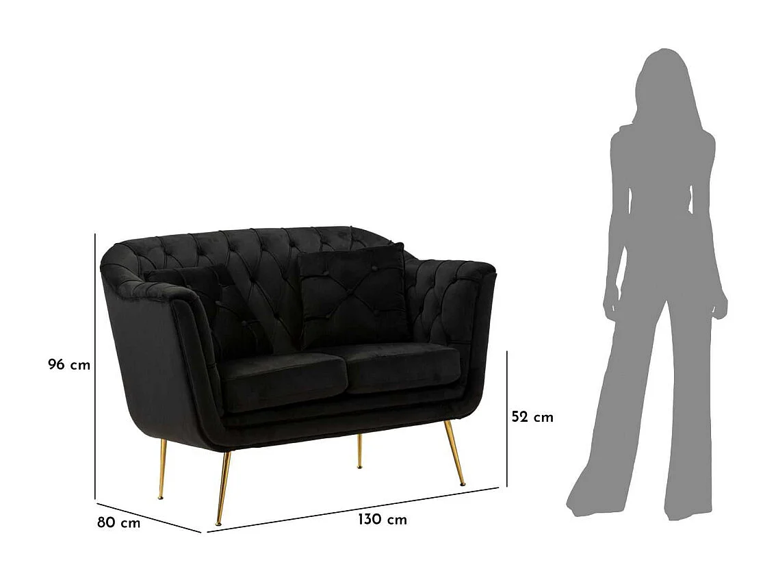 Zwarte stoffen en metalen bank met kussens