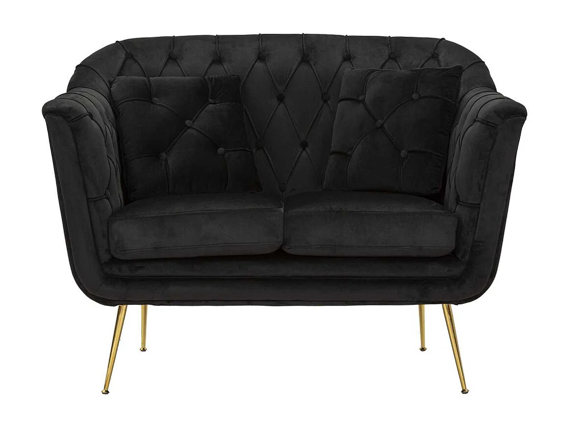 Zwarte stoffen en metalen bank met kussens