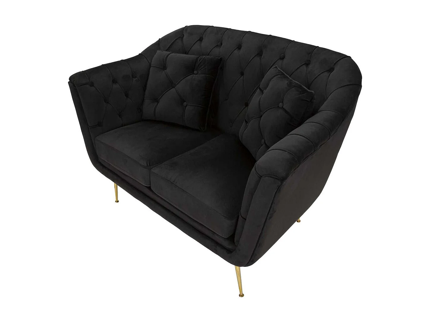 Zwarte stoffen en metalen bank met kussens