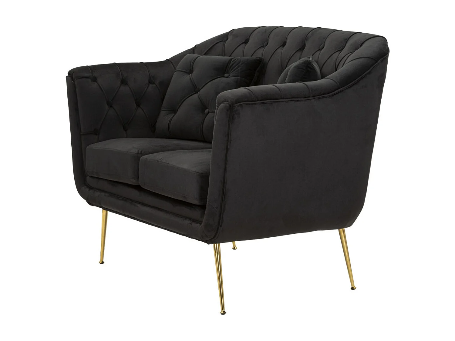 Zwarte stoffen en metalen bank met kussens