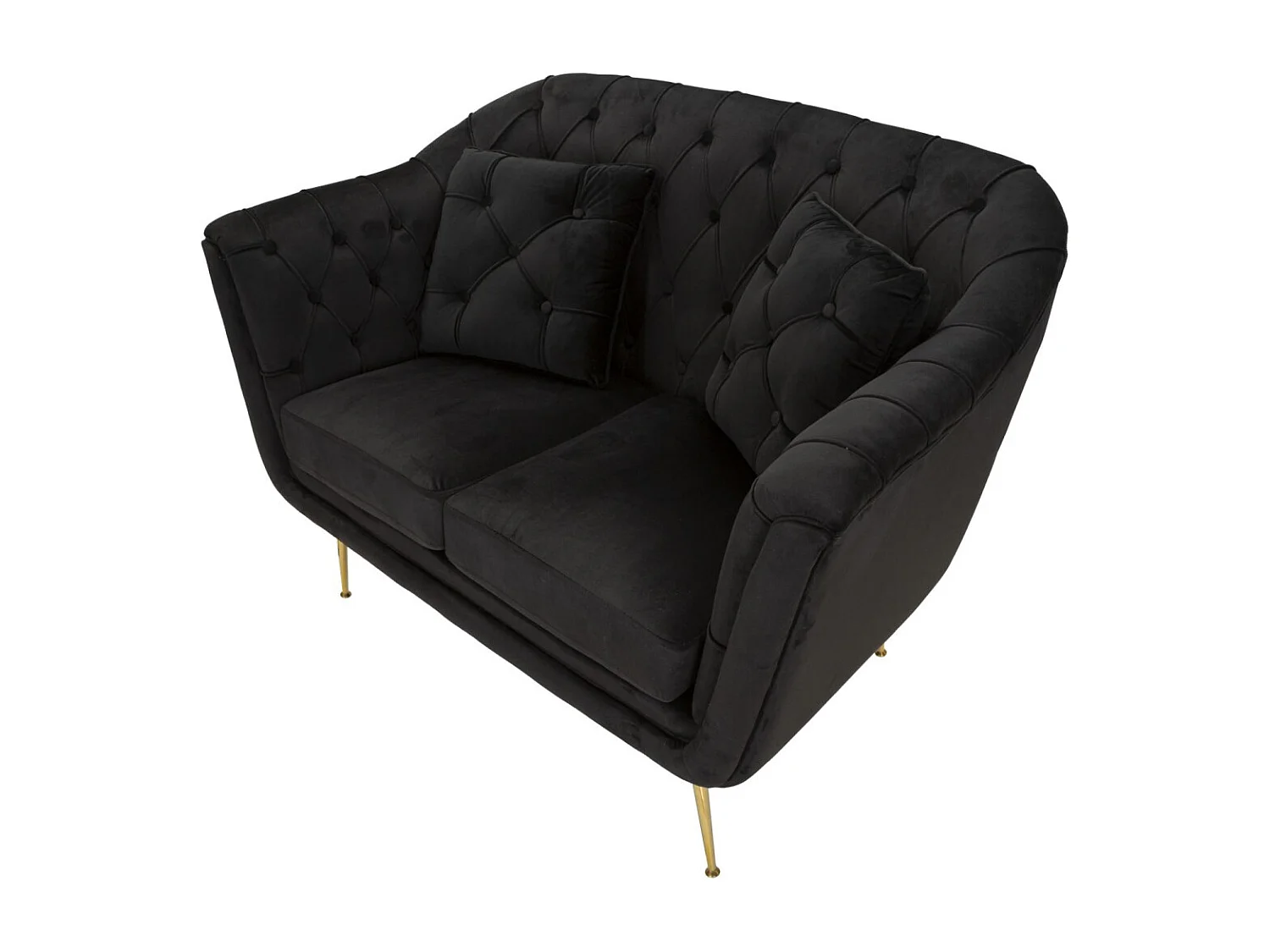 Zwarte stoffen en metalen bank met kussens