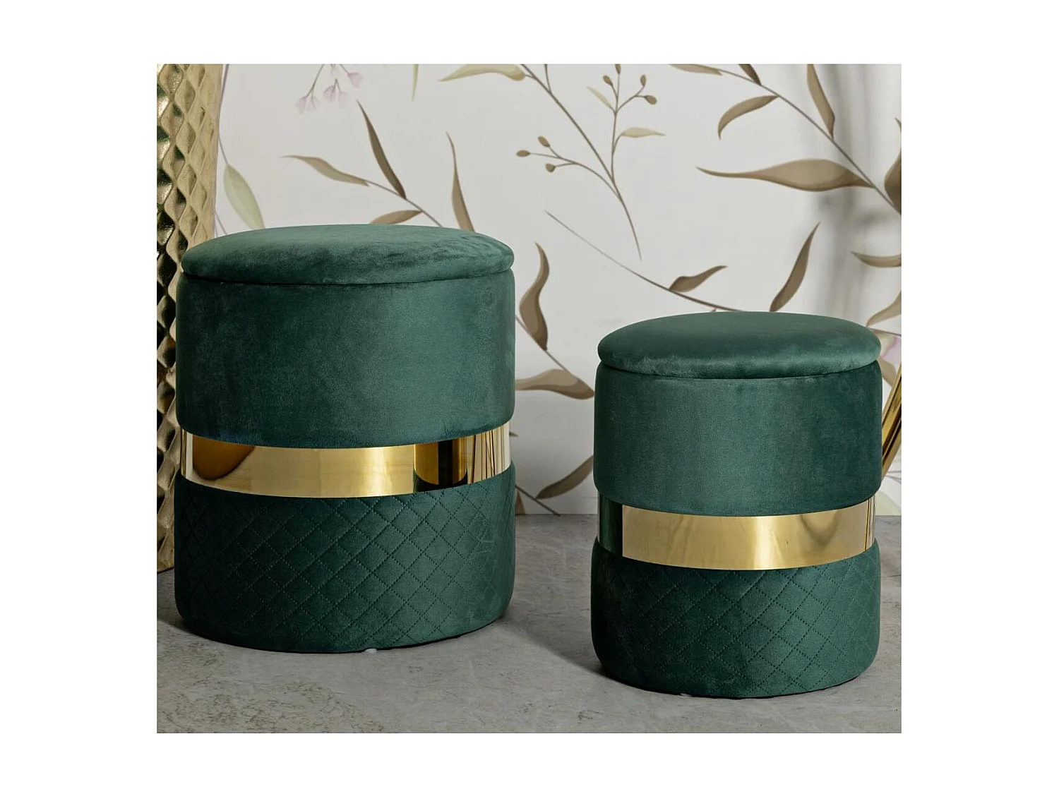 Lot de 2 Poufs Coffres "Sheffild" 42cm Vert & Or