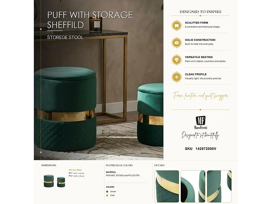 Lot de 2 Poufs Coffres "Sheffild" 42cm Vert & Or