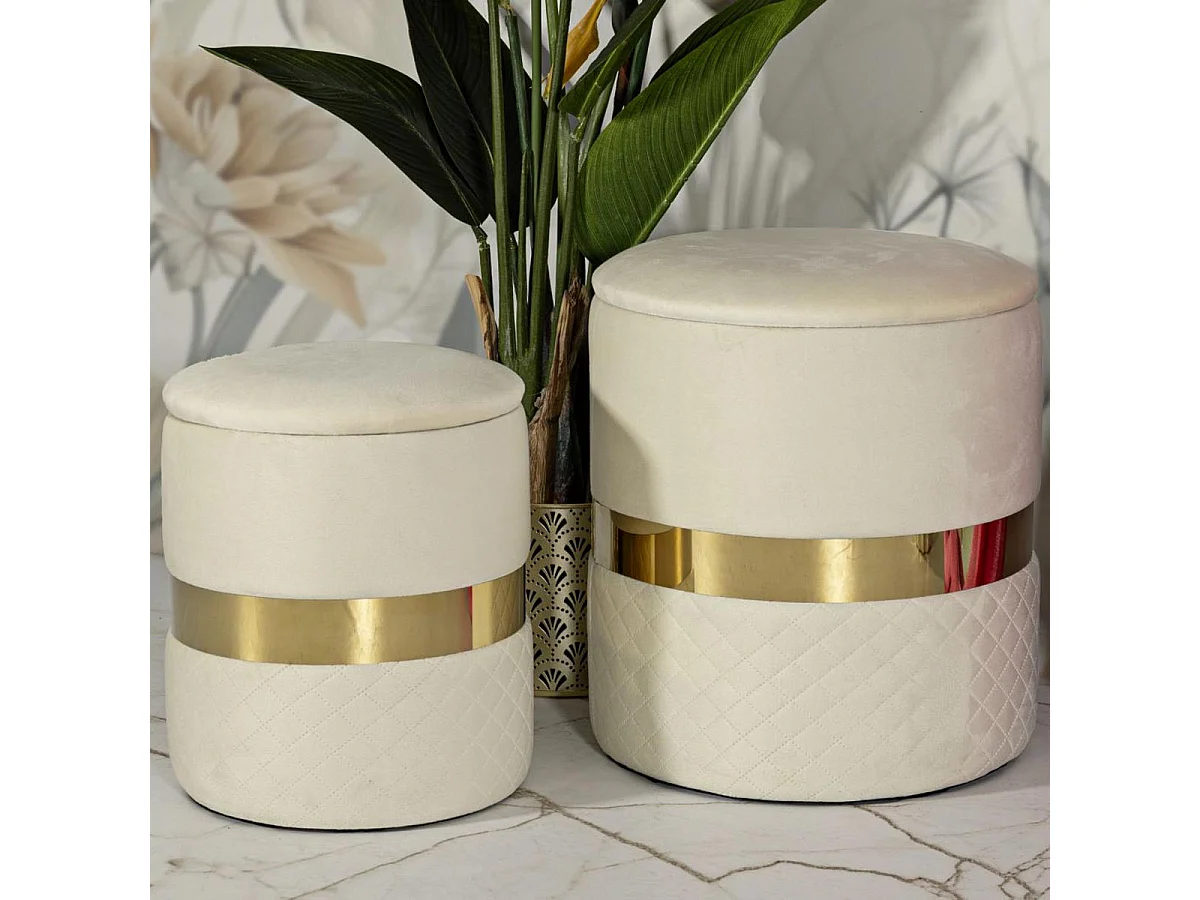 Lot de 2 Poufs Coffres "Sheffild" 42cm Crème & Or