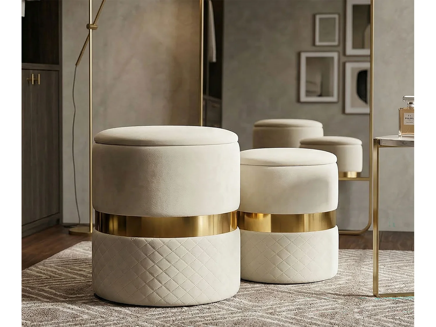 Lot de 2 Poufs Coffres "Sheffild" 42cm Crème & Or