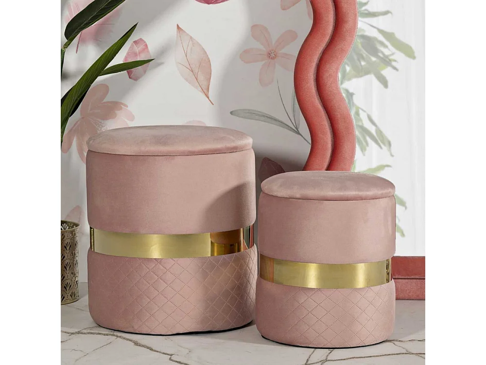 Lot de 2 Poufs Coffres "Sheffild" 42cm Rose & Or