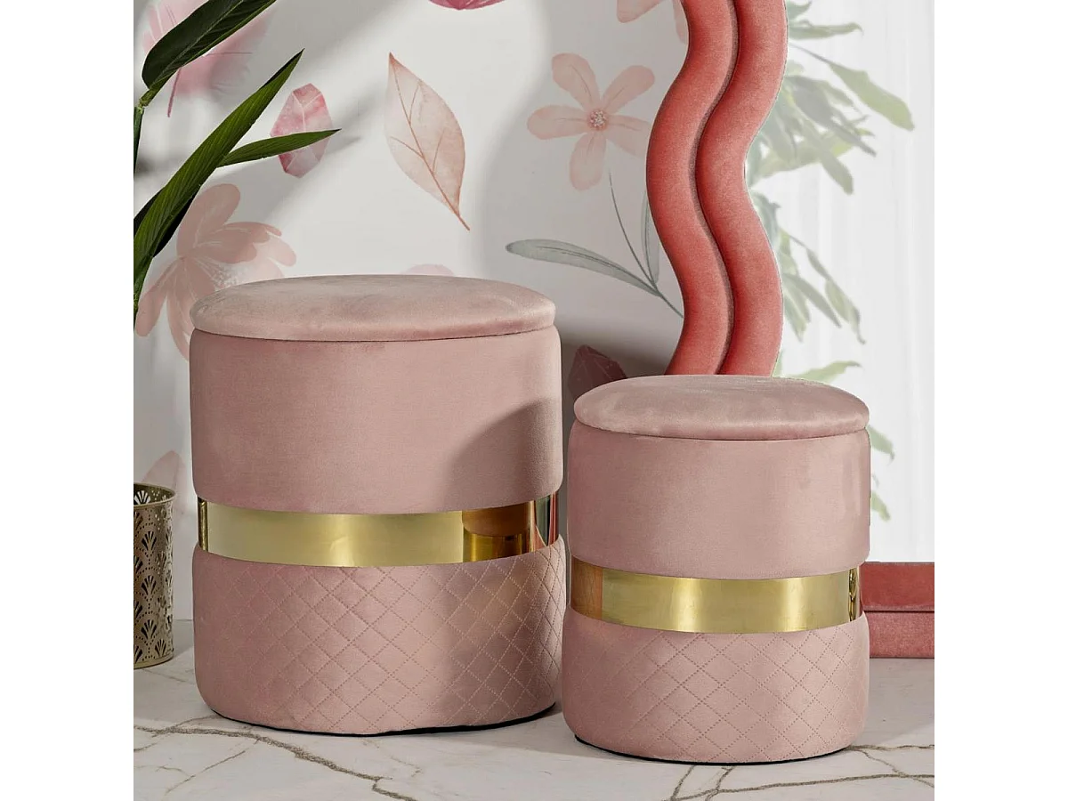 Lot de 2 Poufs Coffres "Sheffild" 42cm Rose & Or