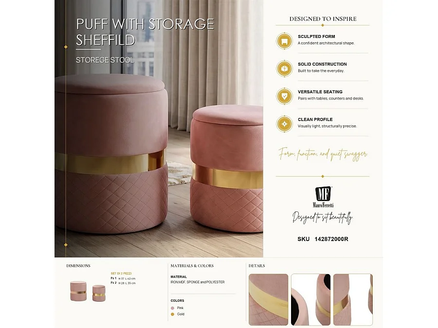 Lot de 2 Poufs Coffres "Sheffild" 42cm Rose & Or