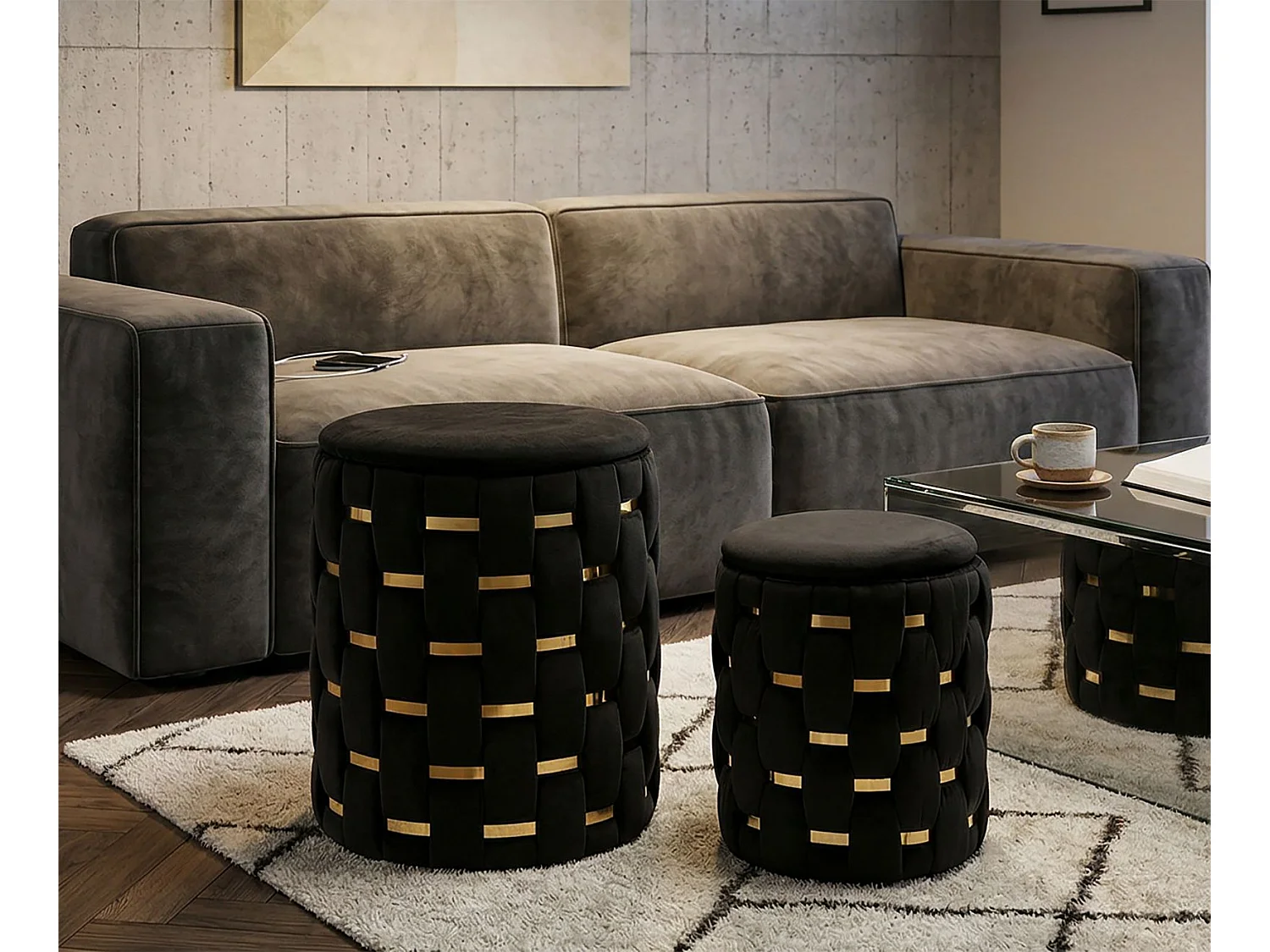 Lot de 2 Poufs Coffres "Shanty" 42cm Noir & Or