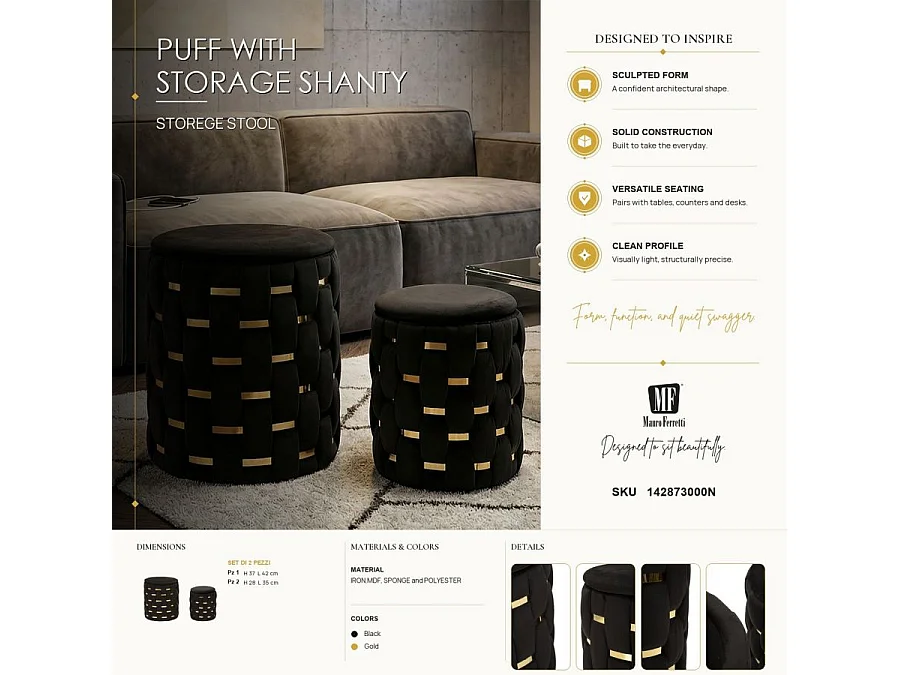 Lot de 2 Poufs Coffres "Shanty" 42cm Noir & Or