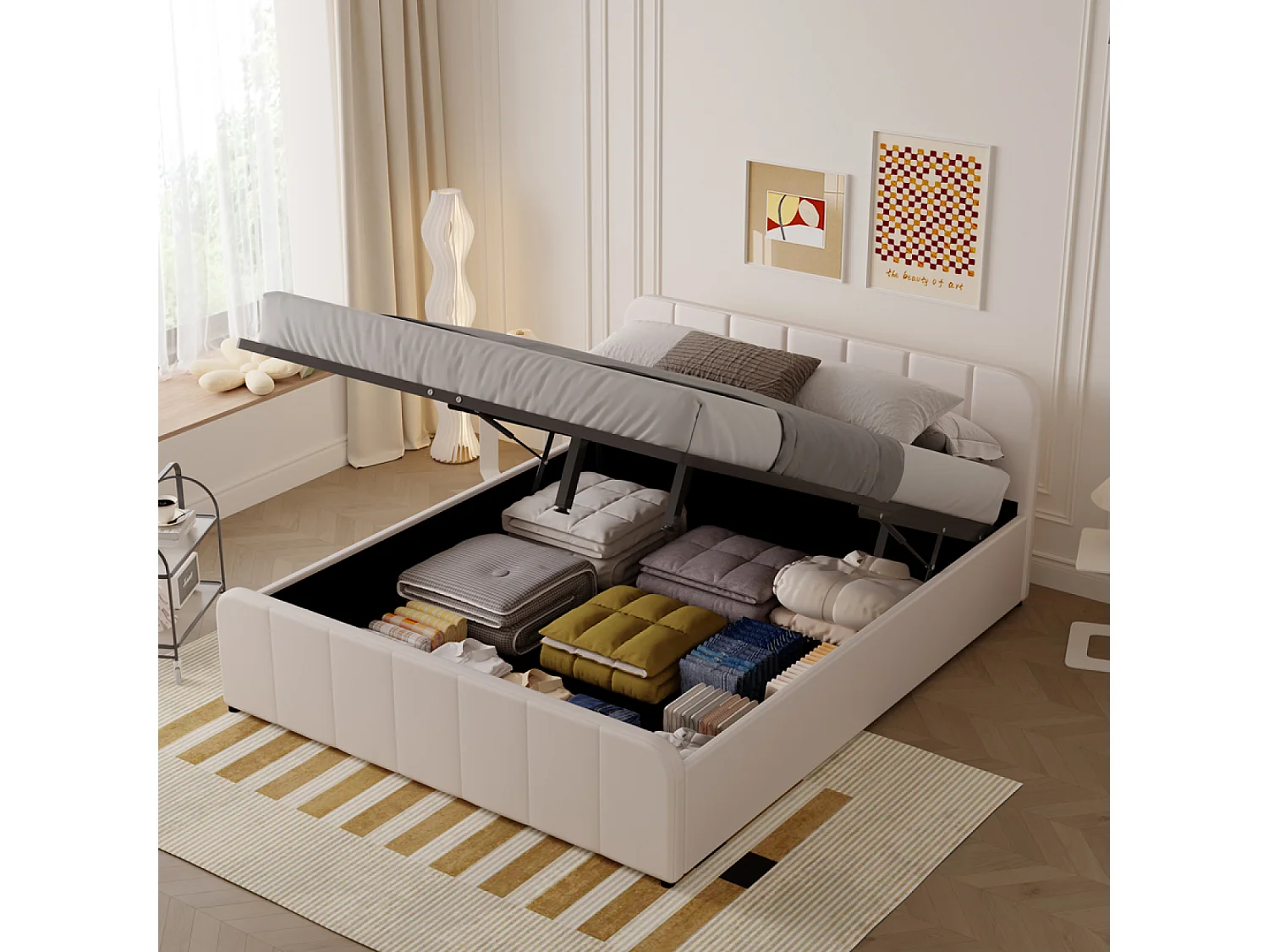 Lit coffre 140x190cm en velours beige TAMPA