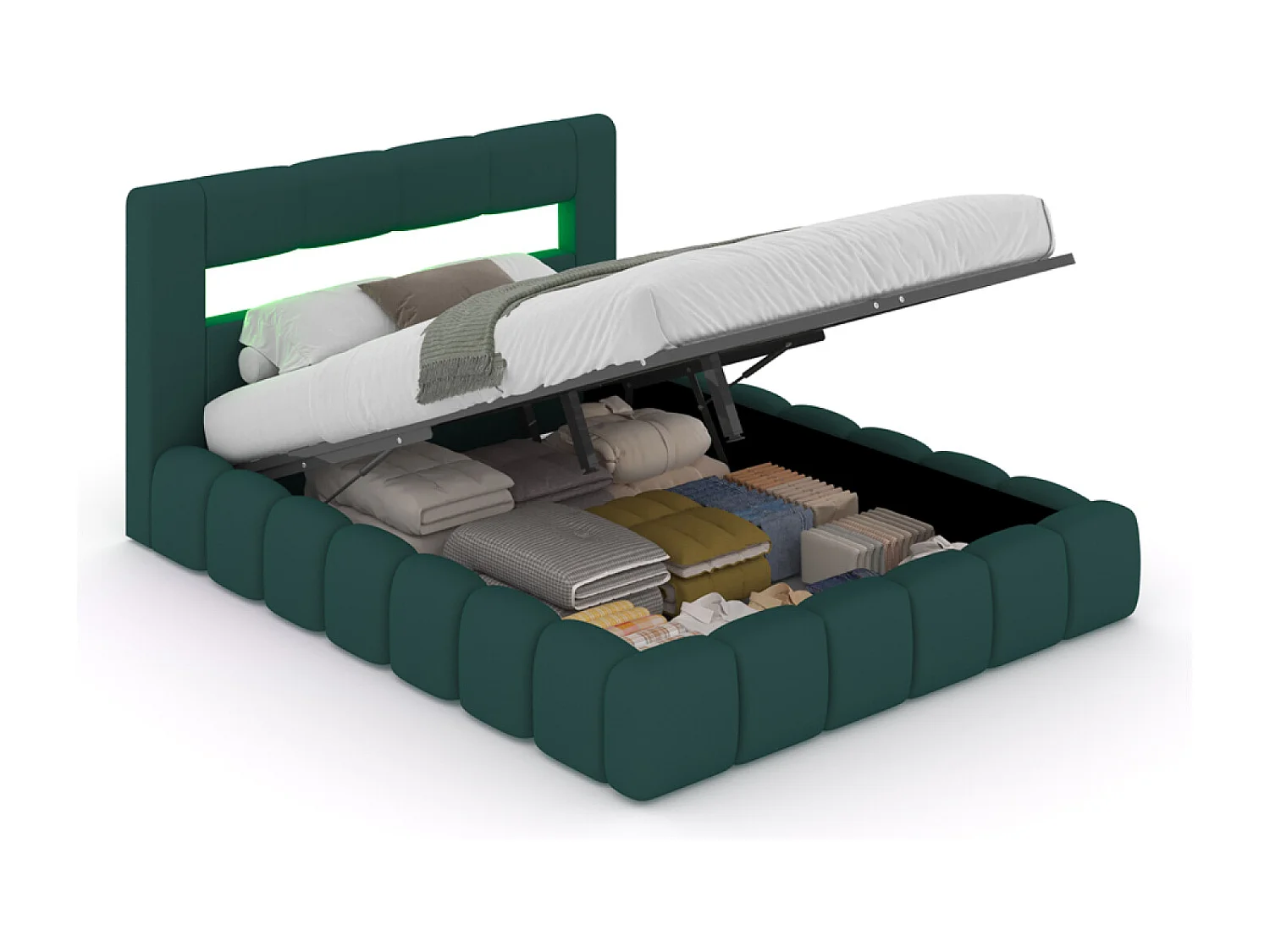 Lit nuage LED avec coffre 180x200cm en velours vert avec tête de lit et sommier OMAHA