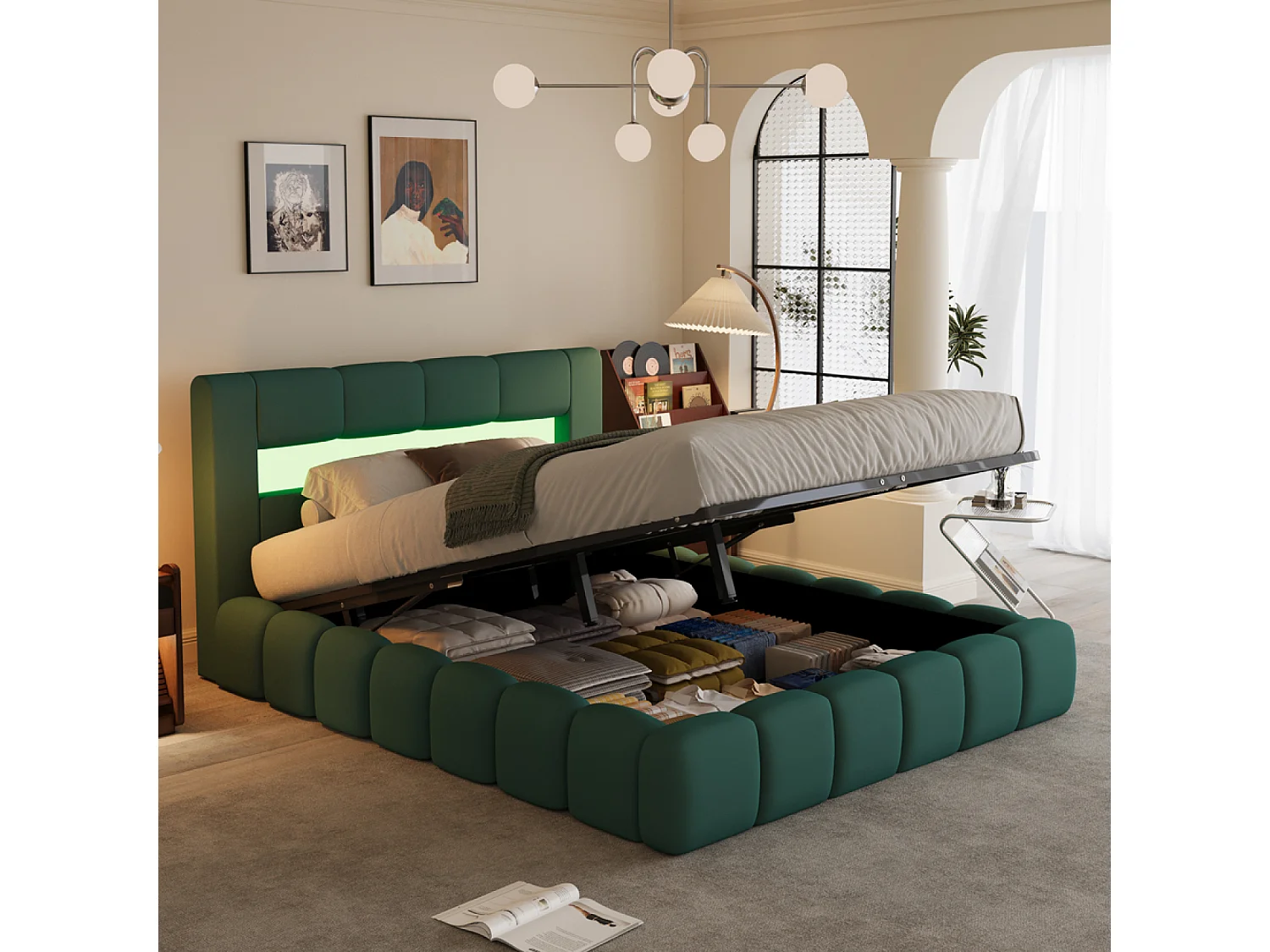 Lit nuage LED avec coffre 180x200cm en velours vert avec tête de lit et sommier OMAHA