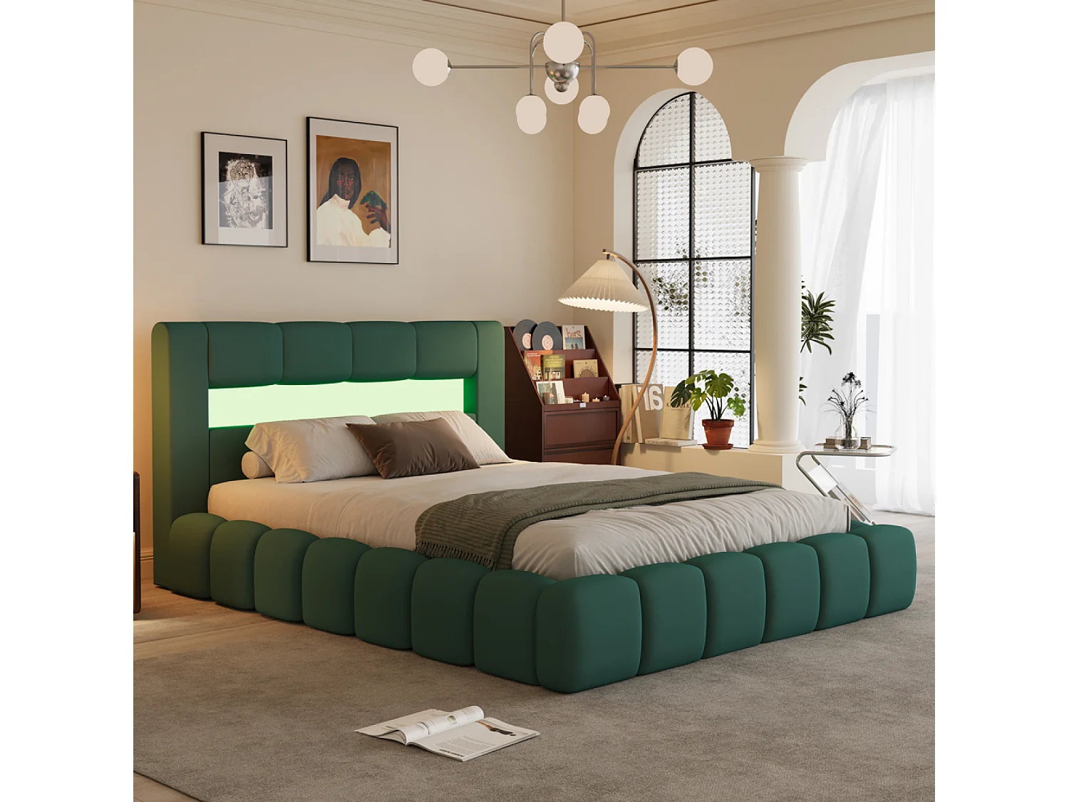 Lit coffre led style nuage 180x200cm en velours vert avec tête de lit et sommier OMAHA