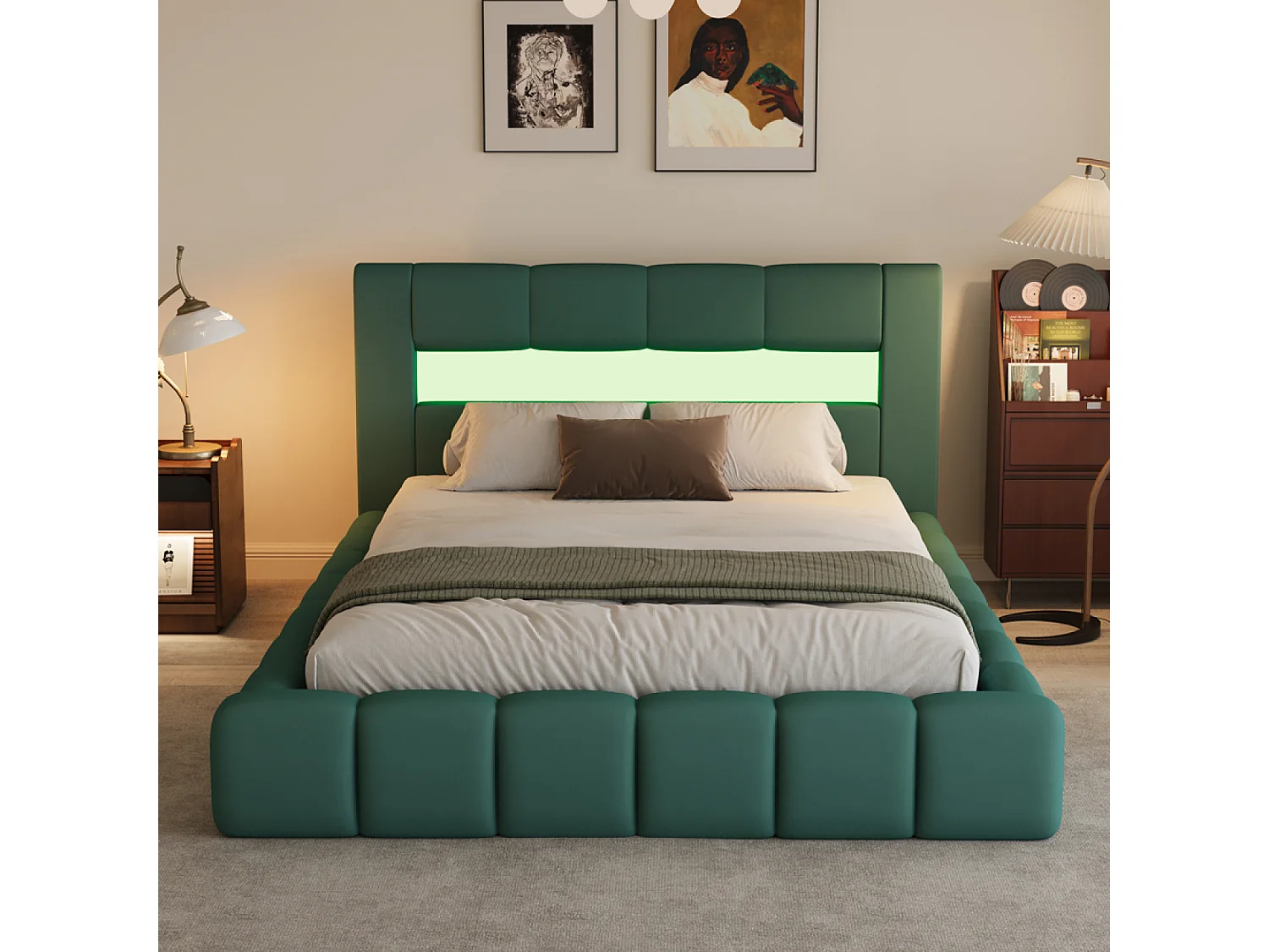 Lit coffre led style nuage 180x200cm en velours vert avec tête de lit et sommier OMAHA