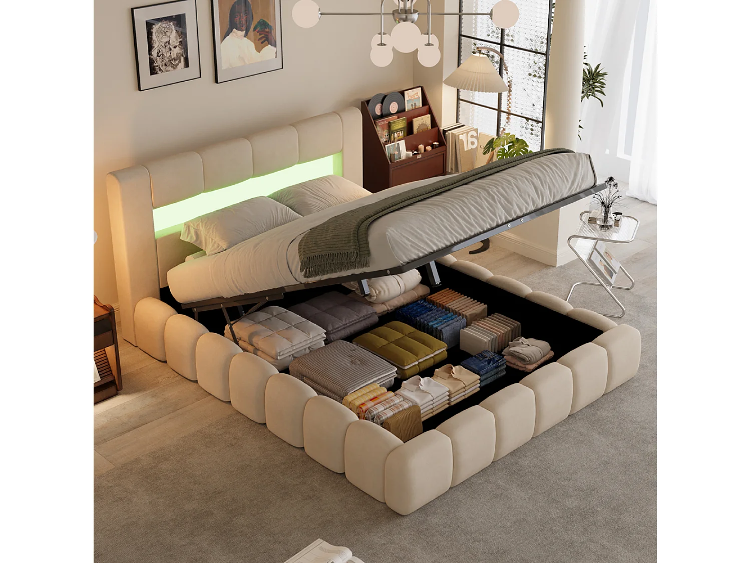 Lit nuage LED avec coffre 180x200cm en velours beige avec tête de lit et sommier OMAHA