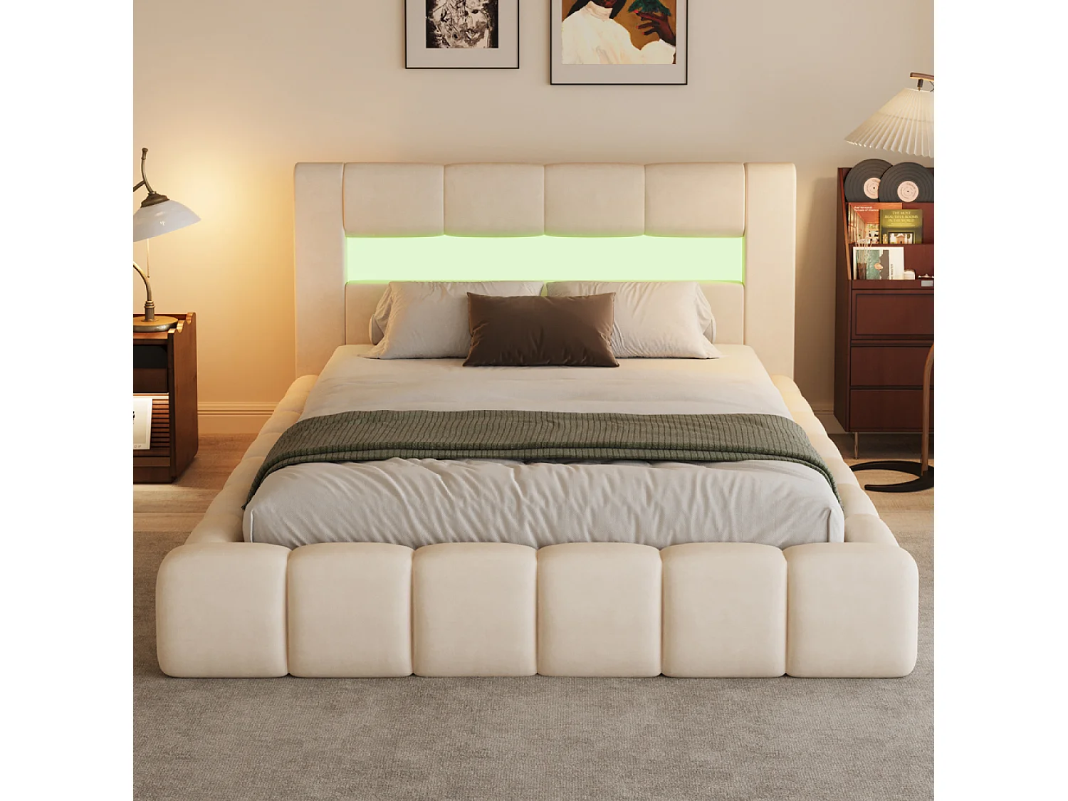 Lit nuage LED avec coffre 180x200cm en velours beige avec tête de lit et sommier OMAHA