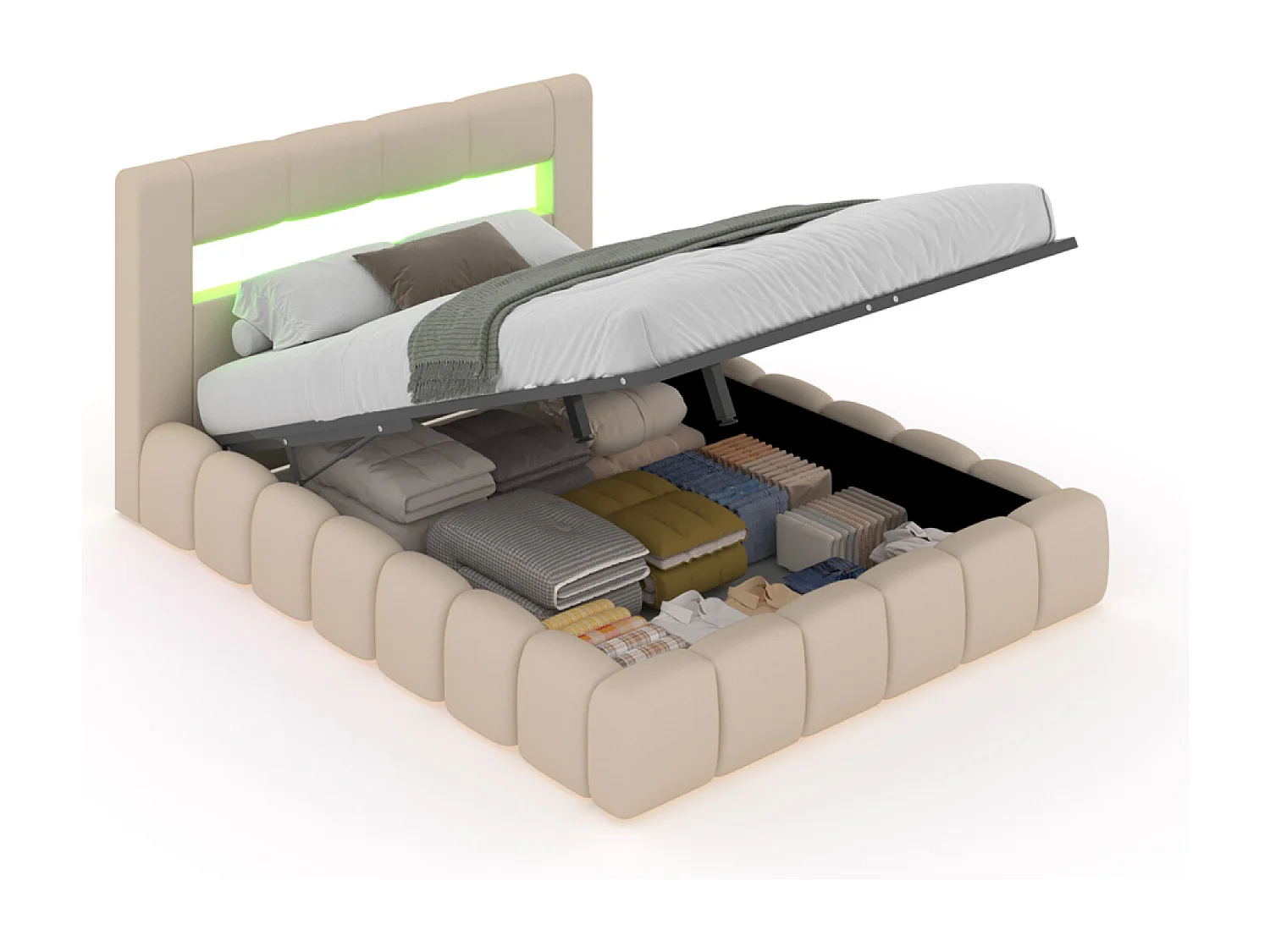 Lit nuage LED avec coffre 180x200cm en velours beige avec tête de lit et sommier OMAHA