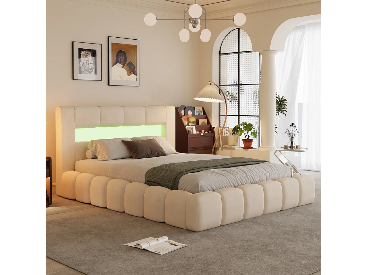 Lit coffre led style nuage 180x200cm en velours beige avec tête de lit et sommier OMAHA